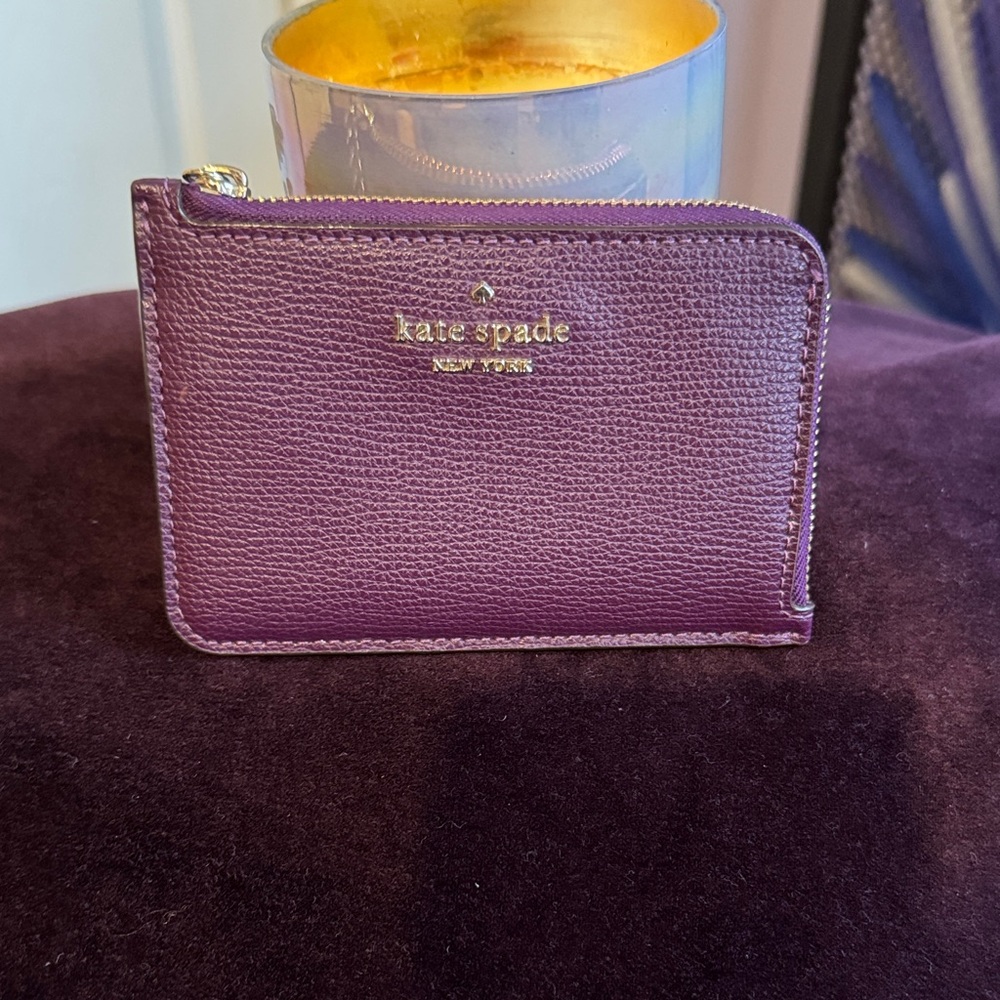 KATE SPADE L-Zip Card Holder Coin Wallet Keychain Purple Saffiano Leather